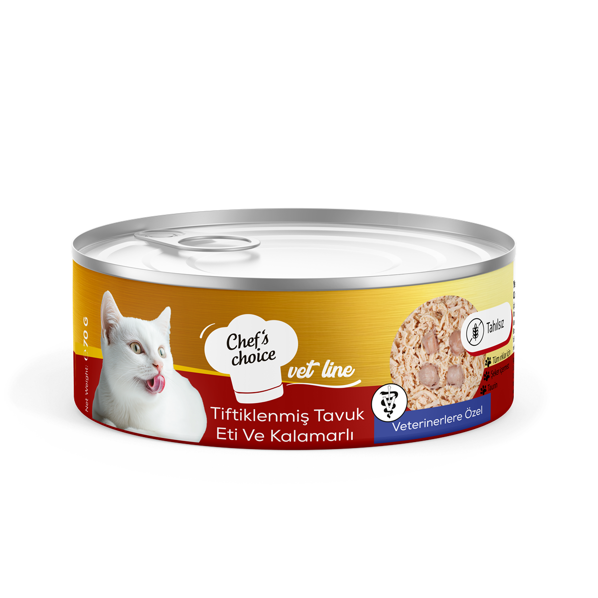 Chefs Choice Vet Line Tiftiklenmiş Tavuk Etli & Kalamarlı Yaş Kedi Maması 70 gr 1